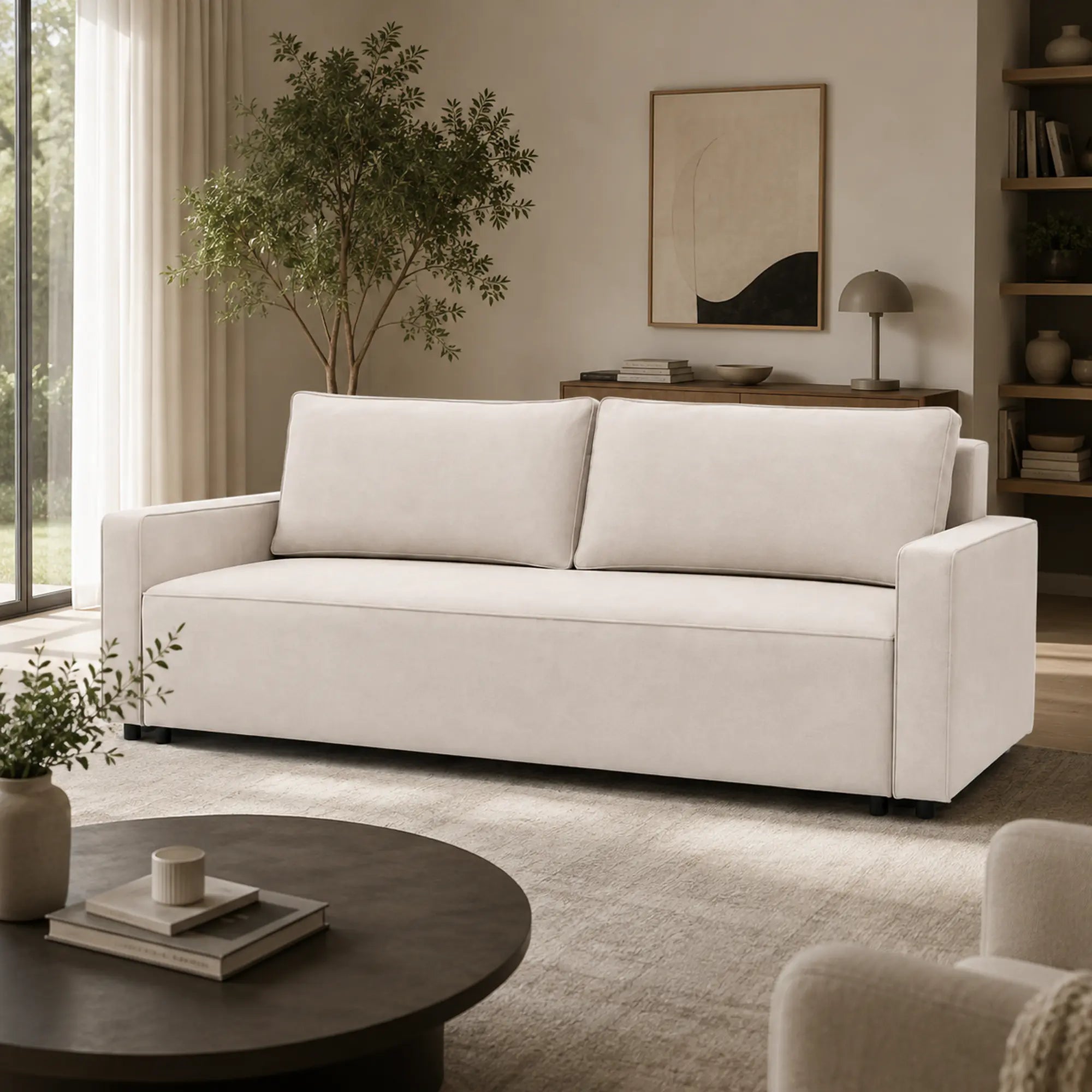 Canapea extensibila NICOLE, stofa catifelata bej - Salvador 02, Stofa de Lux, cu lada depozitare, 232x100x90 cm