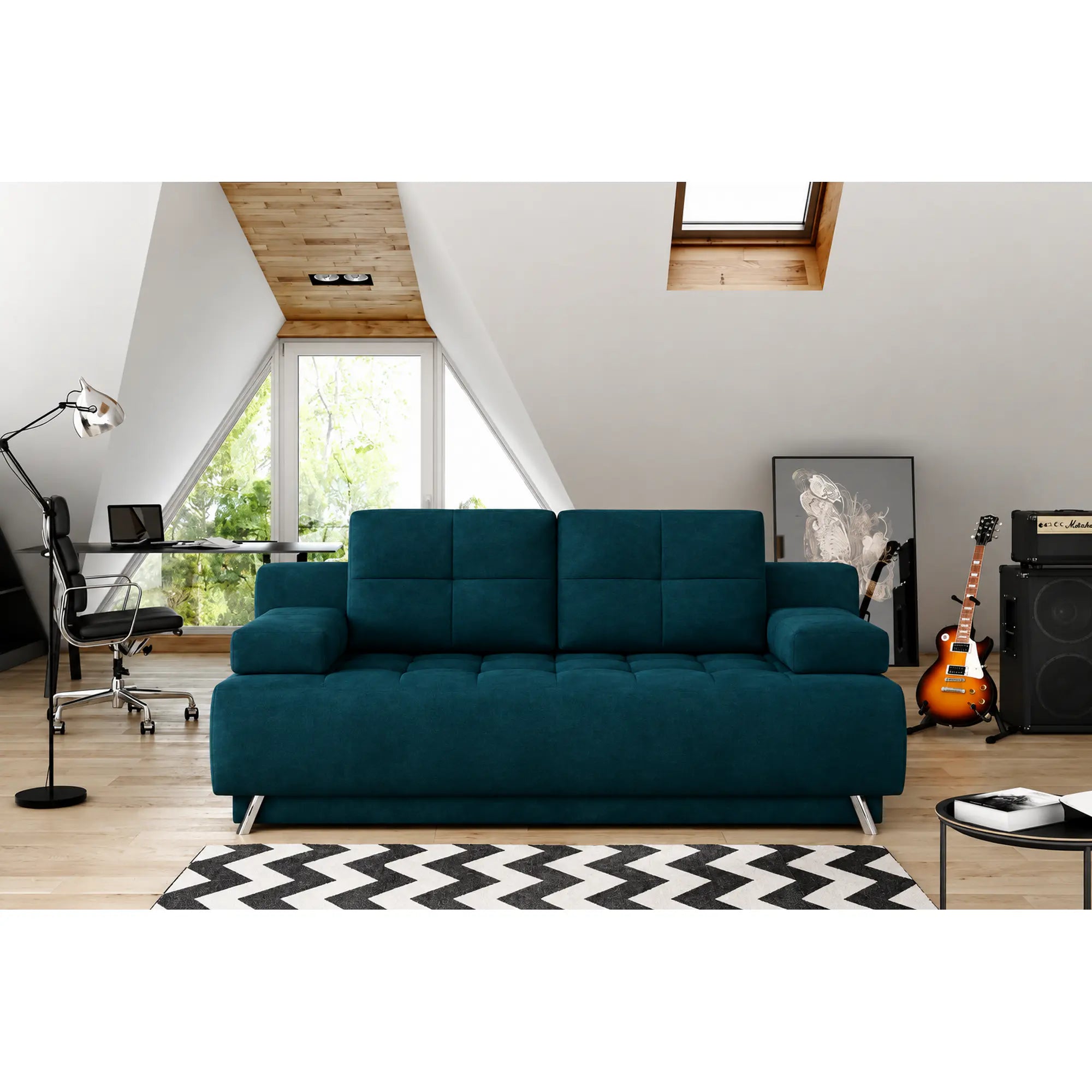 Canapea extensibila OSLO, stofa catifelata albastru - Salvador 11, cu lada depozitare, 197x94x90 cm