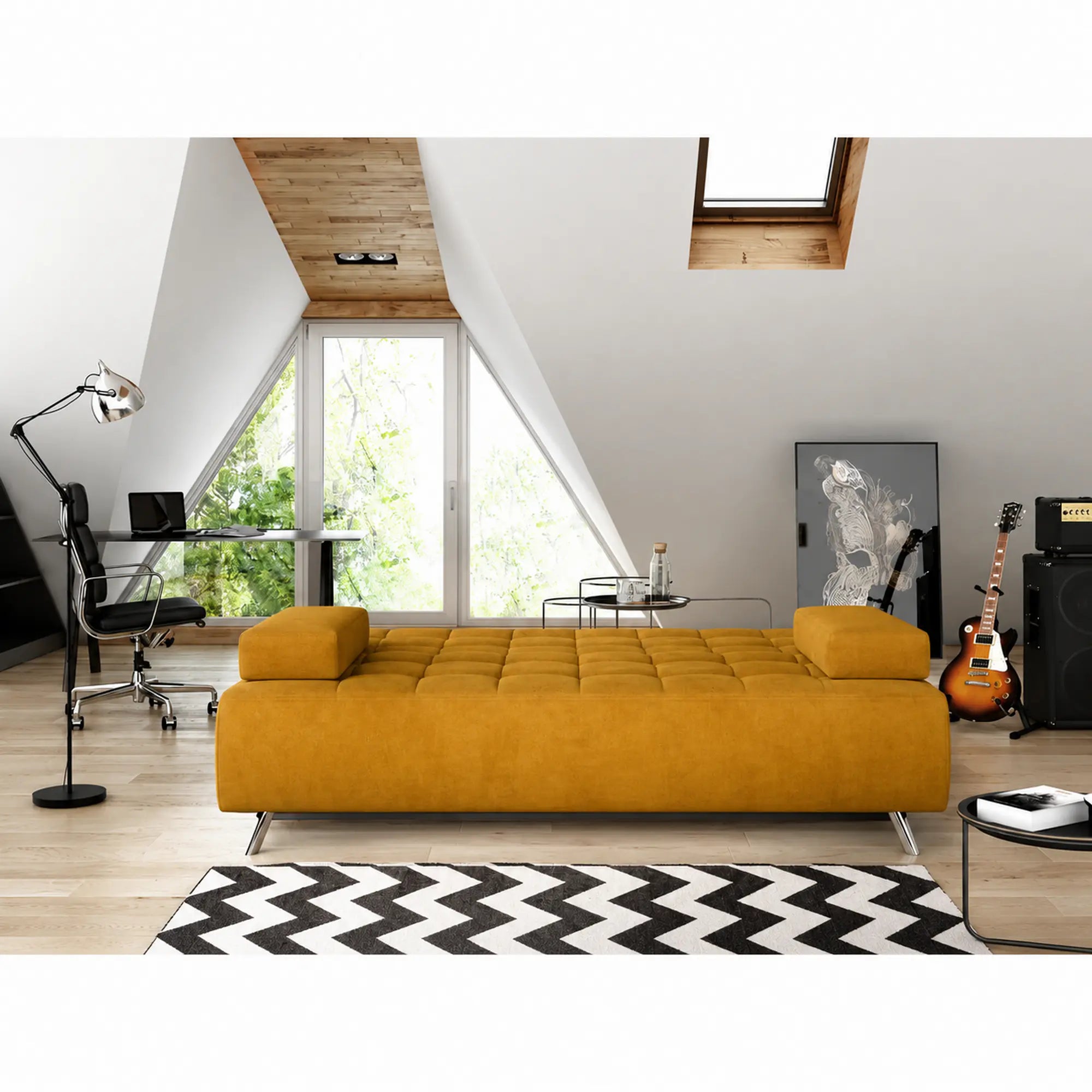 Canapea extensibila OSLO, stofa catifelata galben - Terra 48, cu lada depozitare, 197x94x90 cm