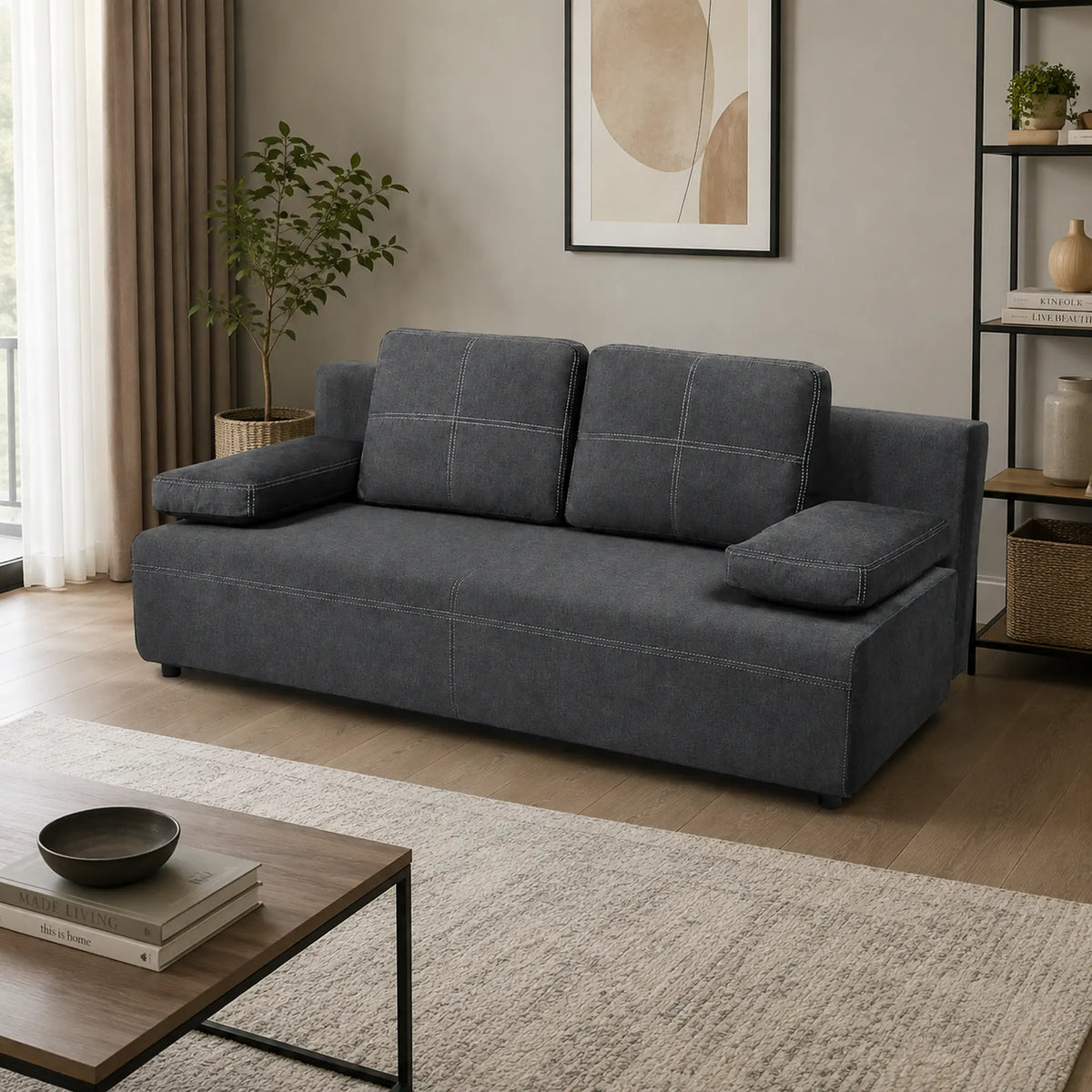Canapea extensibila dormit zilnic NOLA, stofa catifelata gri grafit - Monolith 97, cu lada depozitare, 200x102x92 cm