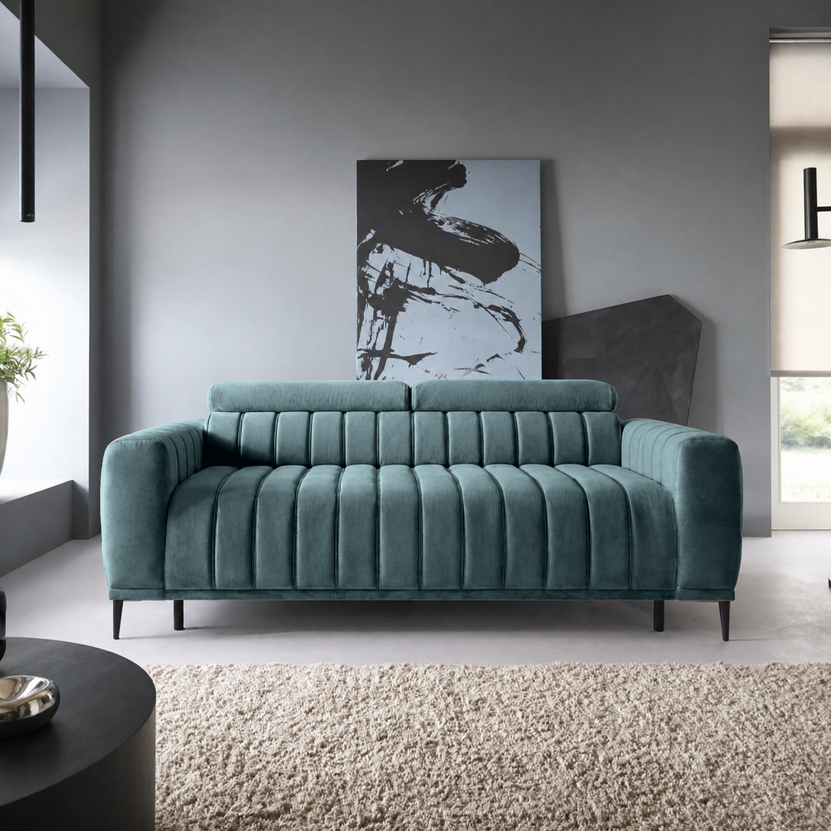 Canapea extensibila pat dublu GANDI 160, stofa catifelata turcoaz inchis - Riviera 87, cu tetiere reglabile, 227x102x95 cm