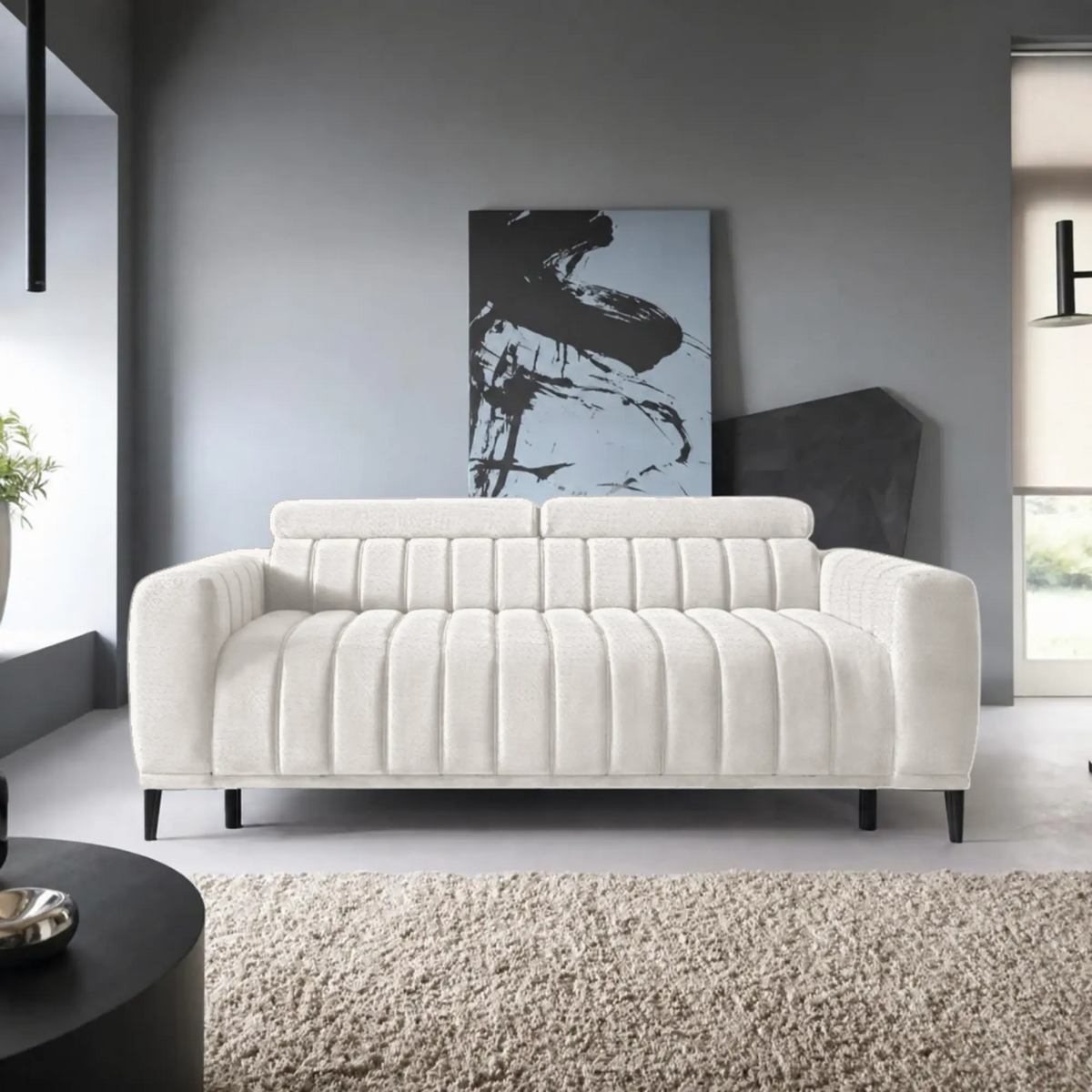 Canapea extensibila GANDI 140, stofa catifelata crem - Crown 01, cu tetiere reglabile, 207x102x95 cm