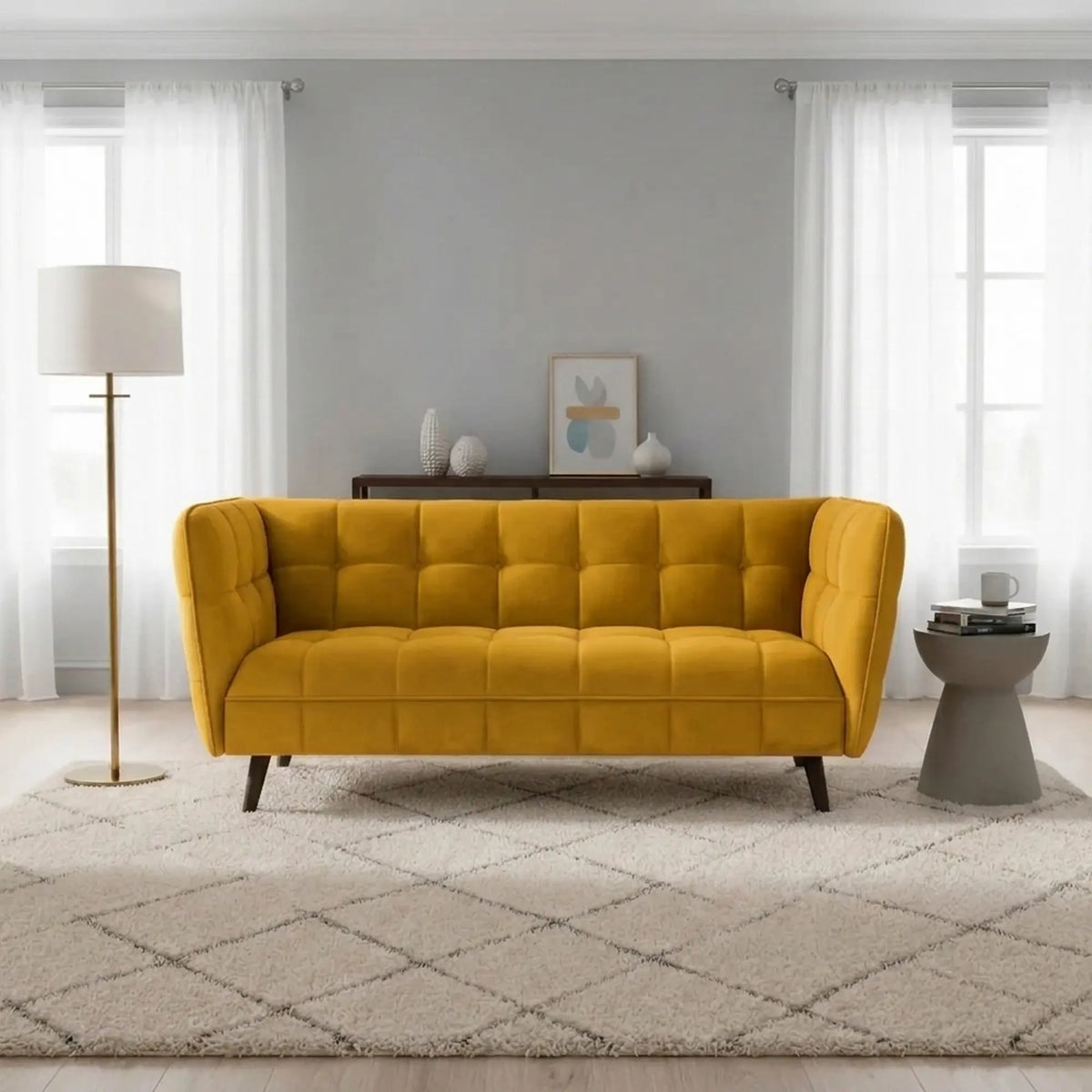 Canapea CASTELLO 3, galben/wenge,  stofa catifelata/lemn/PAL, 200x85x78 cm