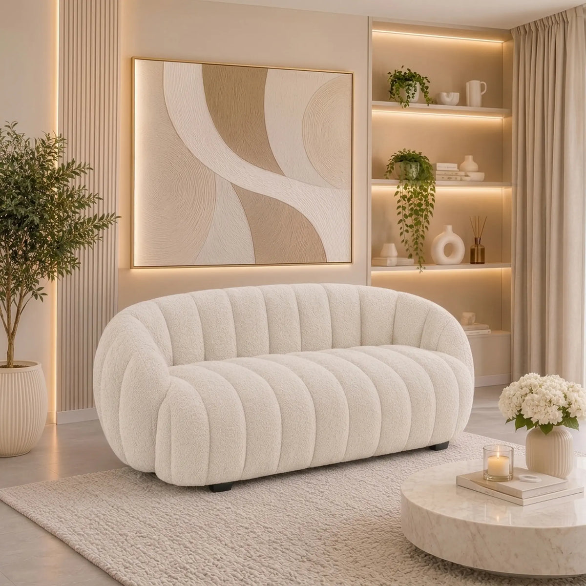 Canapea FRASER XL, crem, stofa plusata, 140x80x70 cm