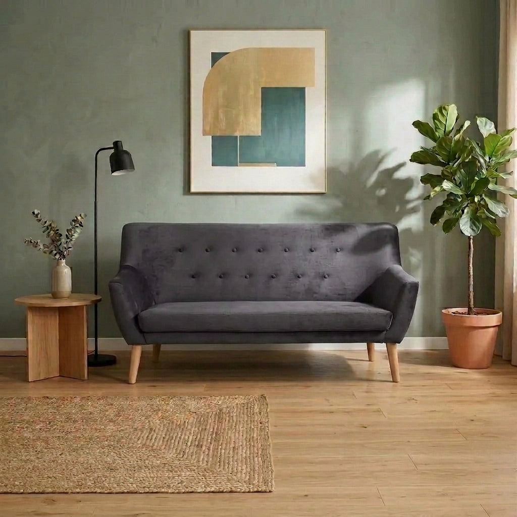 Canapea NORDIC 3, gri - Bluvel 14, stofa catifelata/lemn de fag, 180x75x90 cm