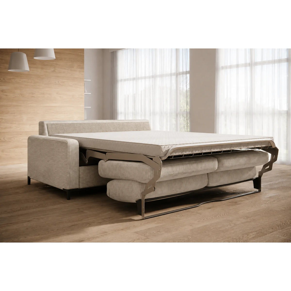 Canapea Tino extensibila 140, stofa catifelata bej - Palladium 02, 187x97x84 cm
