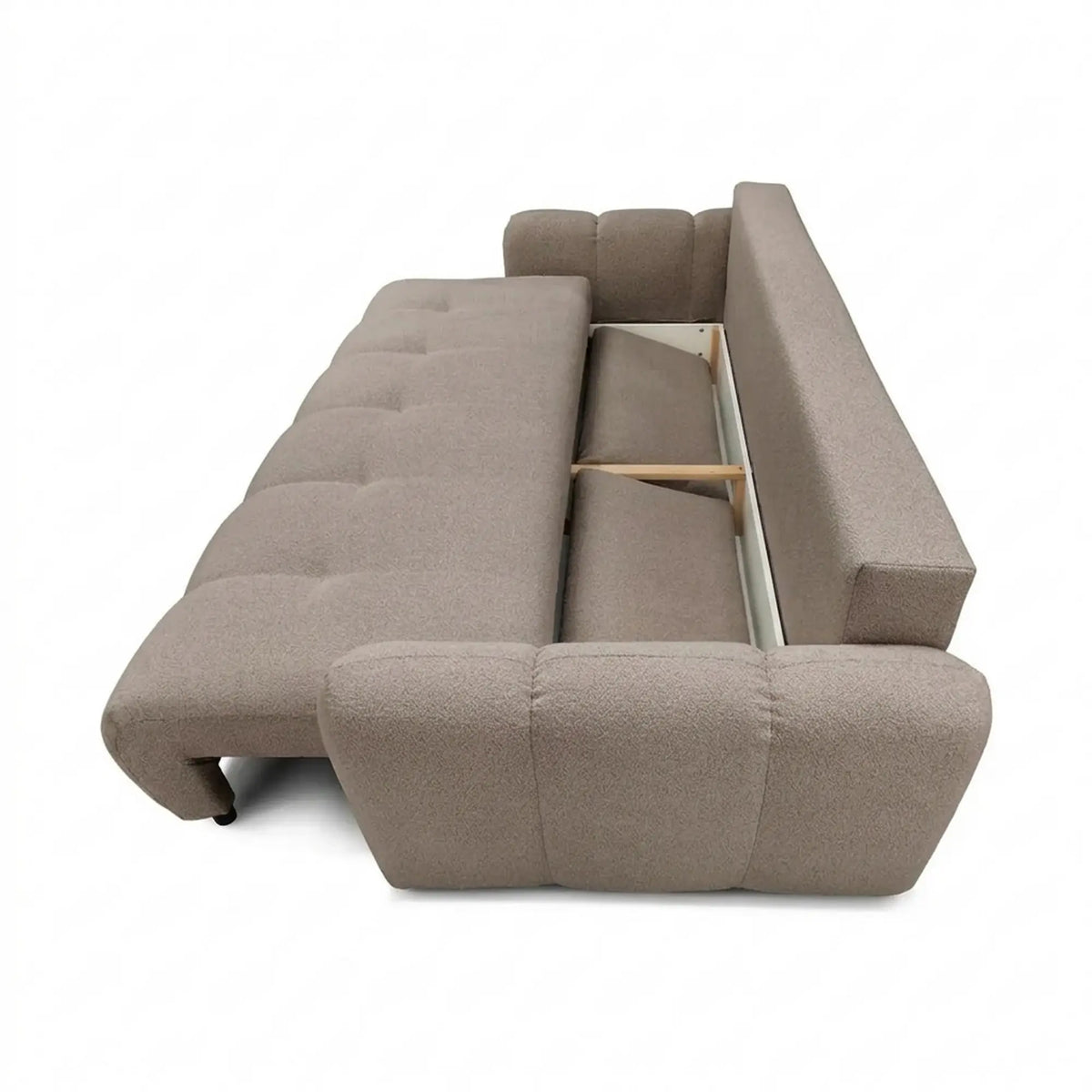 Canapea clasica extensibila BESALU, stofa maro deschis - Cremona 24, cu lada depozitare, 239x103x90 cm