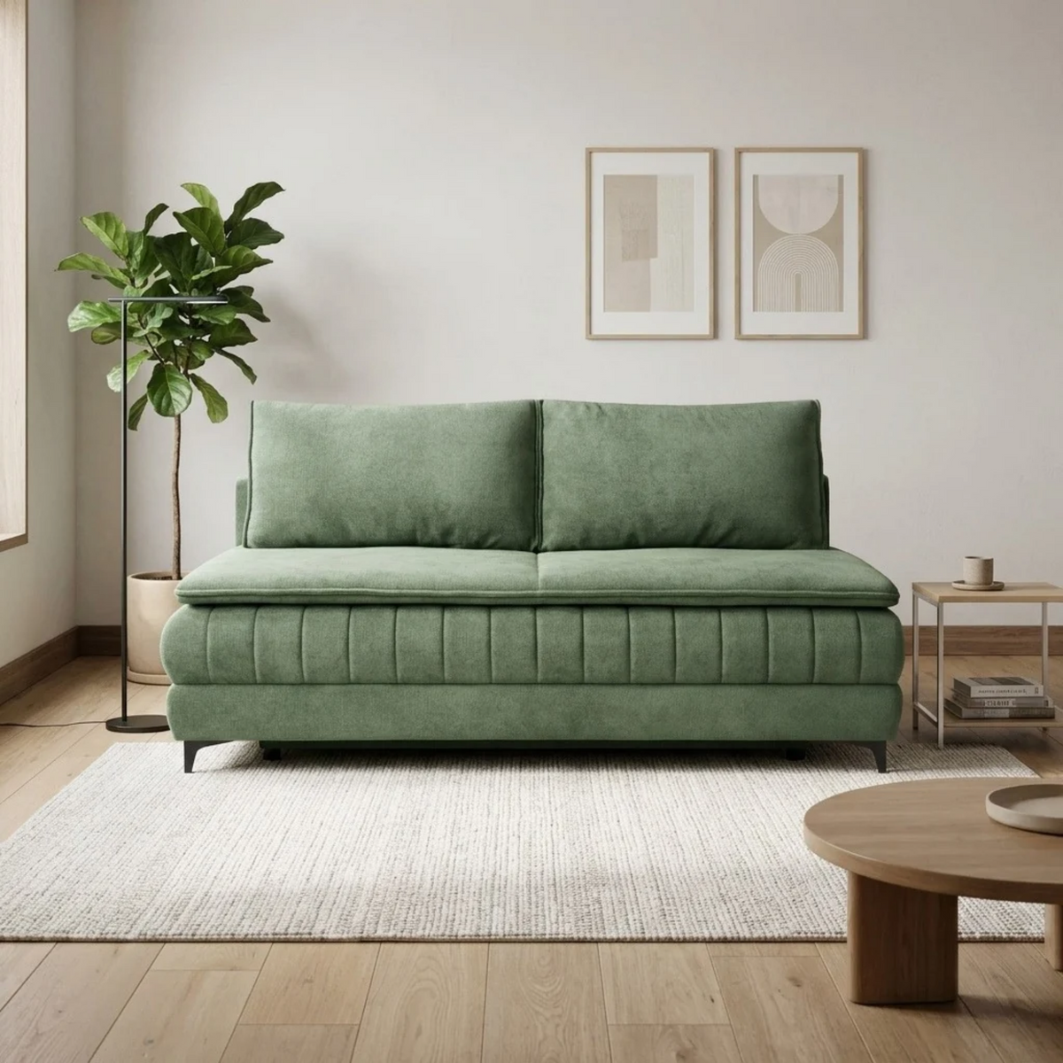 Canapea extensibilă LUMBRO, stofă verde, cu ladă depozitare, 196x91x100 cm