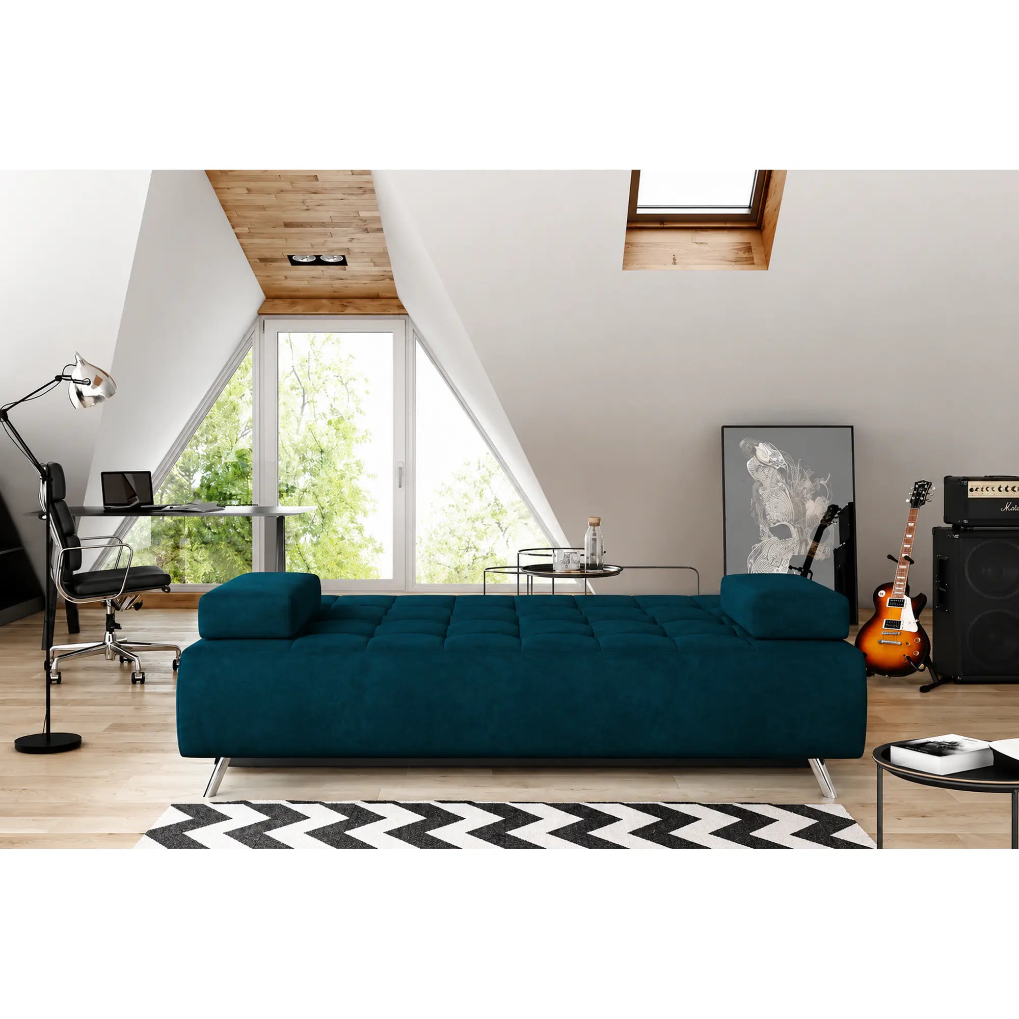 Canapea extensibila OSLO, stofa catifelata albastru - Salvador 11, cu lada depozitare, 197x94x90 cm