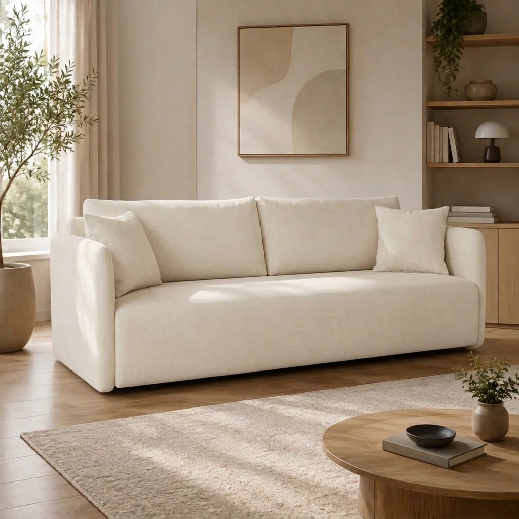 Canapea extensibila Allen, stofa catifelata crem - Monolith 02, cu lada depozitare, 220x100x88 cm