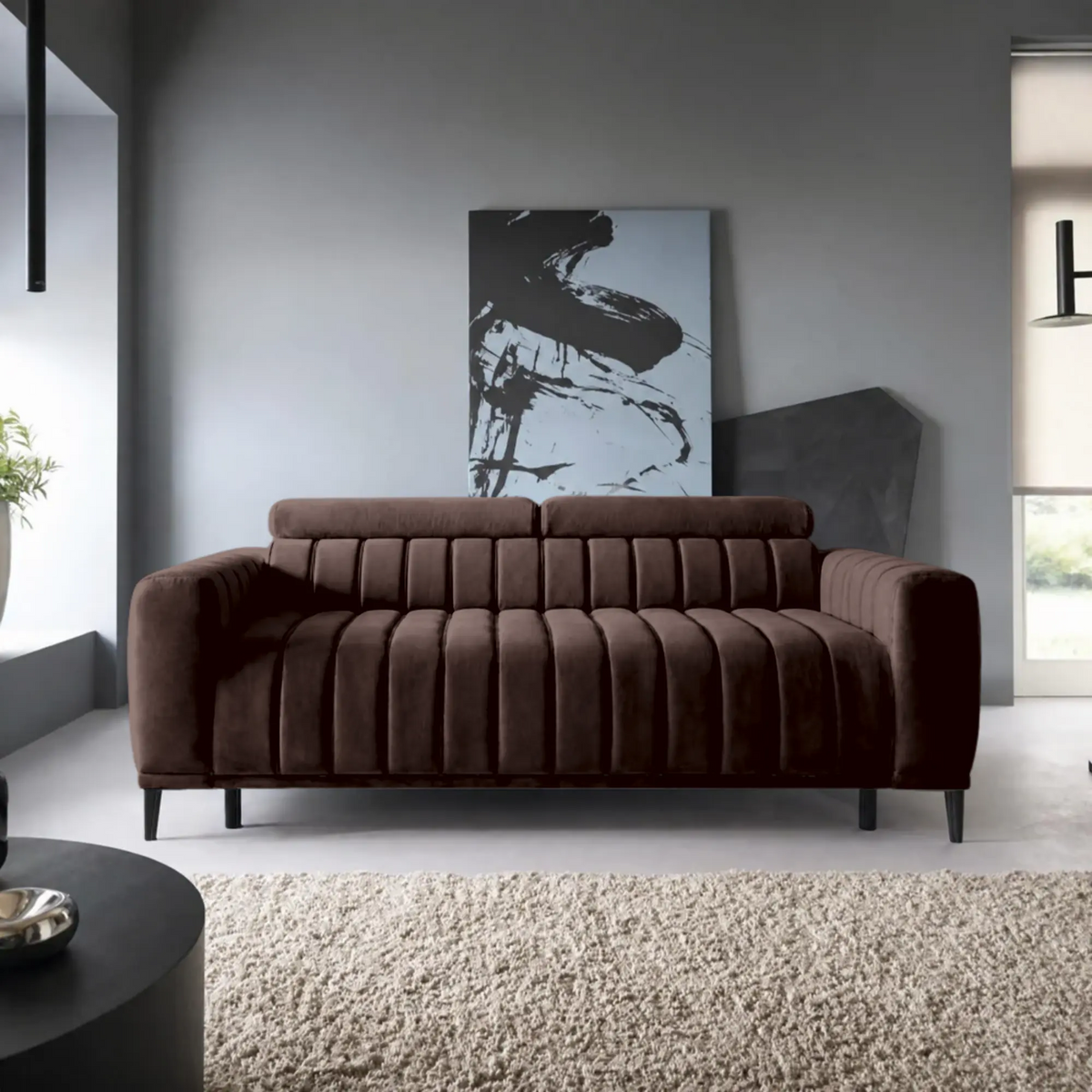 Canapea extensibila GANDI 140, stofa catifelata maro - Palladium 06, cu tetiere reglabile, 207x102x95 cm