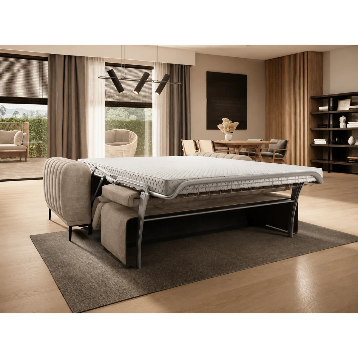 Canapea extensibila GANDI 140, stofa catifelata bej - Whisper 03, cu tetiere reglabile, 207x102x95 cm