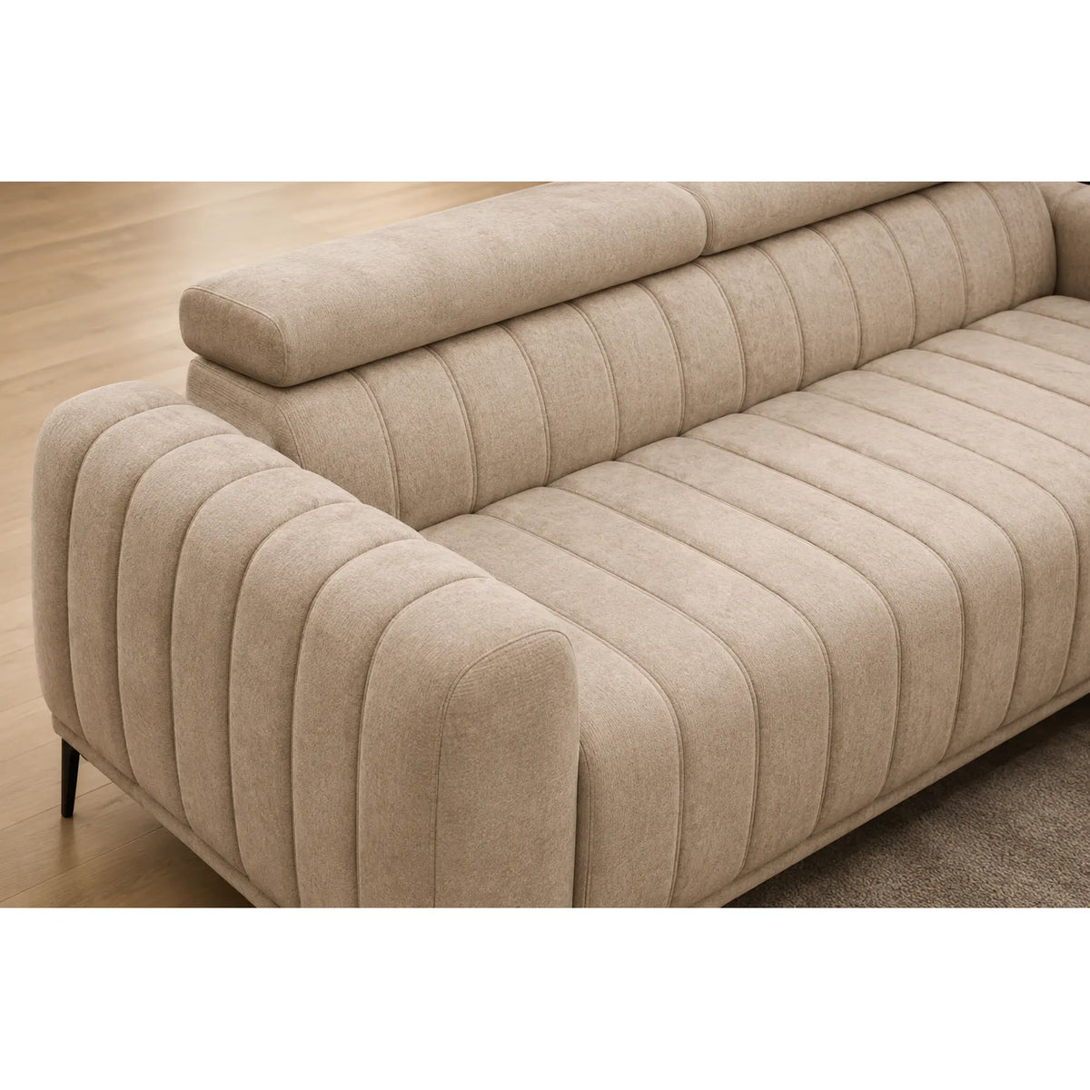 Canapea extensibila GANDI 140, stofa catifelata bej - Whisper 03, cu tetiere reglabile, 207x102x95 cm