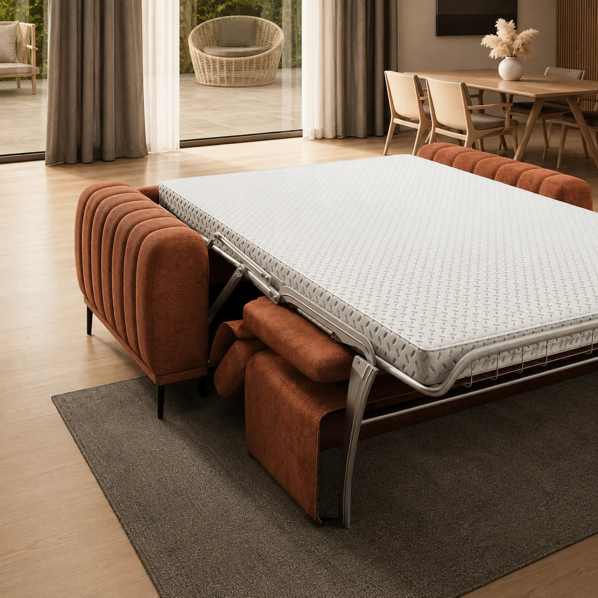 Canapea extensibila GANDI 140, stofa catifelata caramiziu - Salvador 07, cu tetiere reglabile, 207x102x95 cm