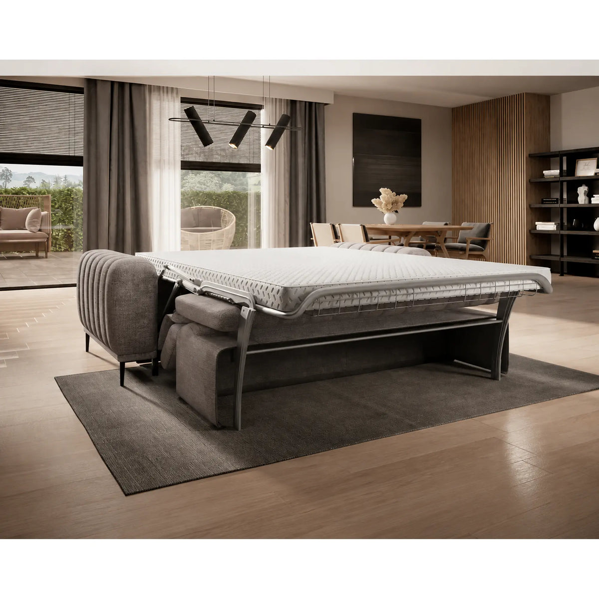 Canapea extensibila GANDI 140, stofa catifelata gri - Cloud 82, cu tetiere reglabile, 207x102x95 cm
