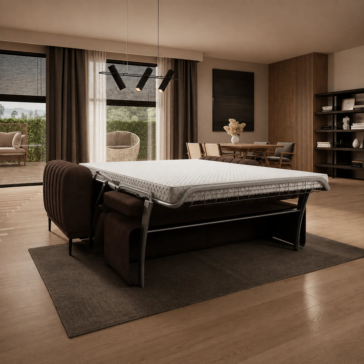 Canapea extensibila GANDI 140, stofa catifelata maro - Palladium 06, cu tetiere reglabile, 207x102x95 cm