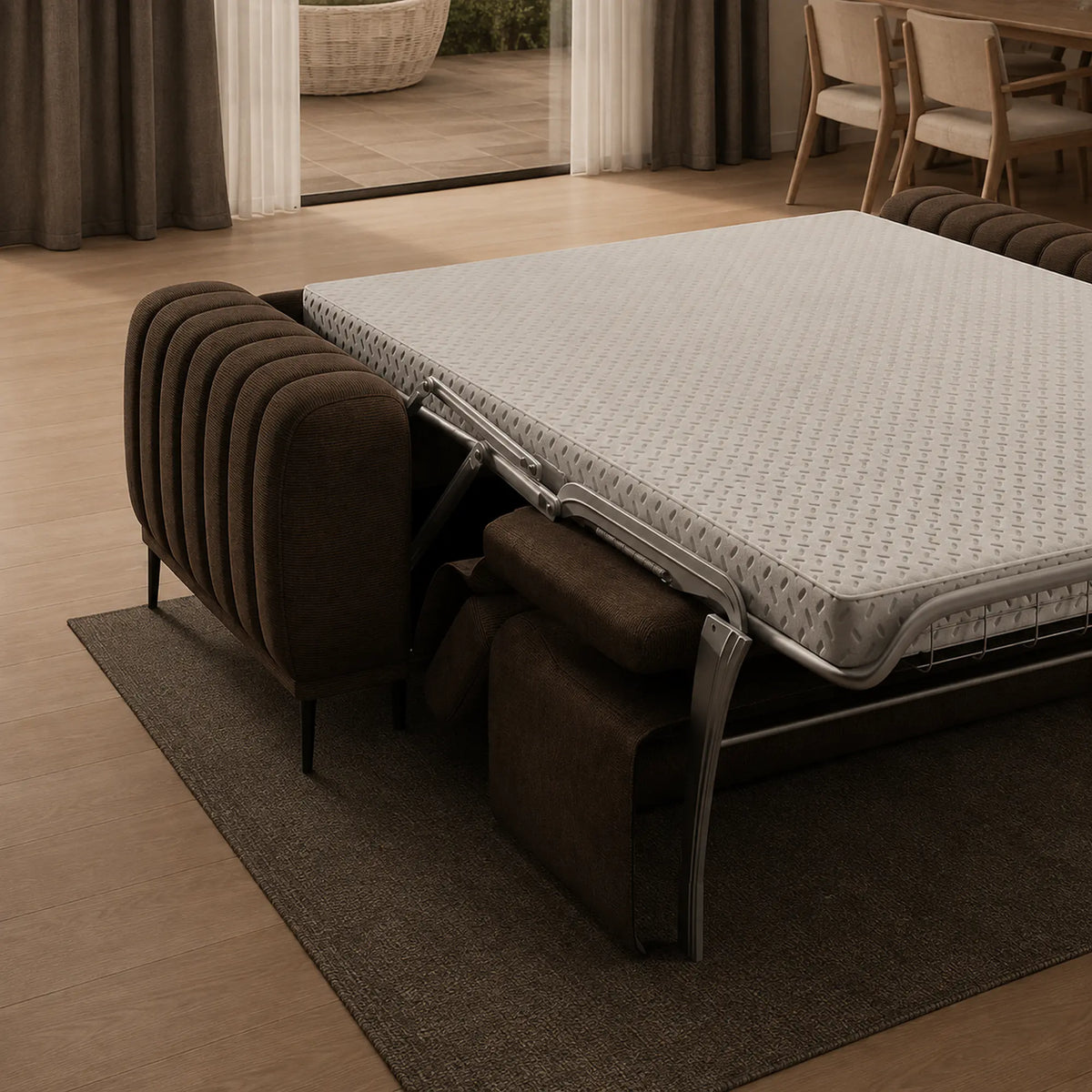 Canapea extensibila GANDI 140, stofa catifelata maro - Palladium 06, cu tetiere reglabile, 207x102x95 cm