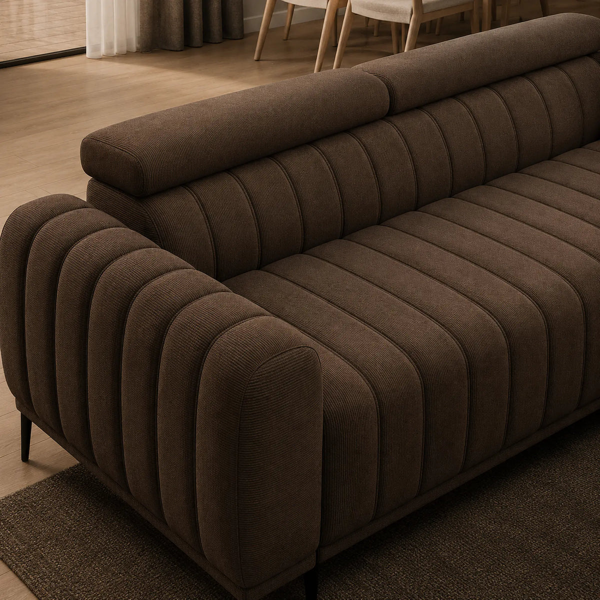 Canapea extensibila GANDI 140, stofa catifelata maro - Palladium 06, cu tetiere reglabile, 207x102x95 cm