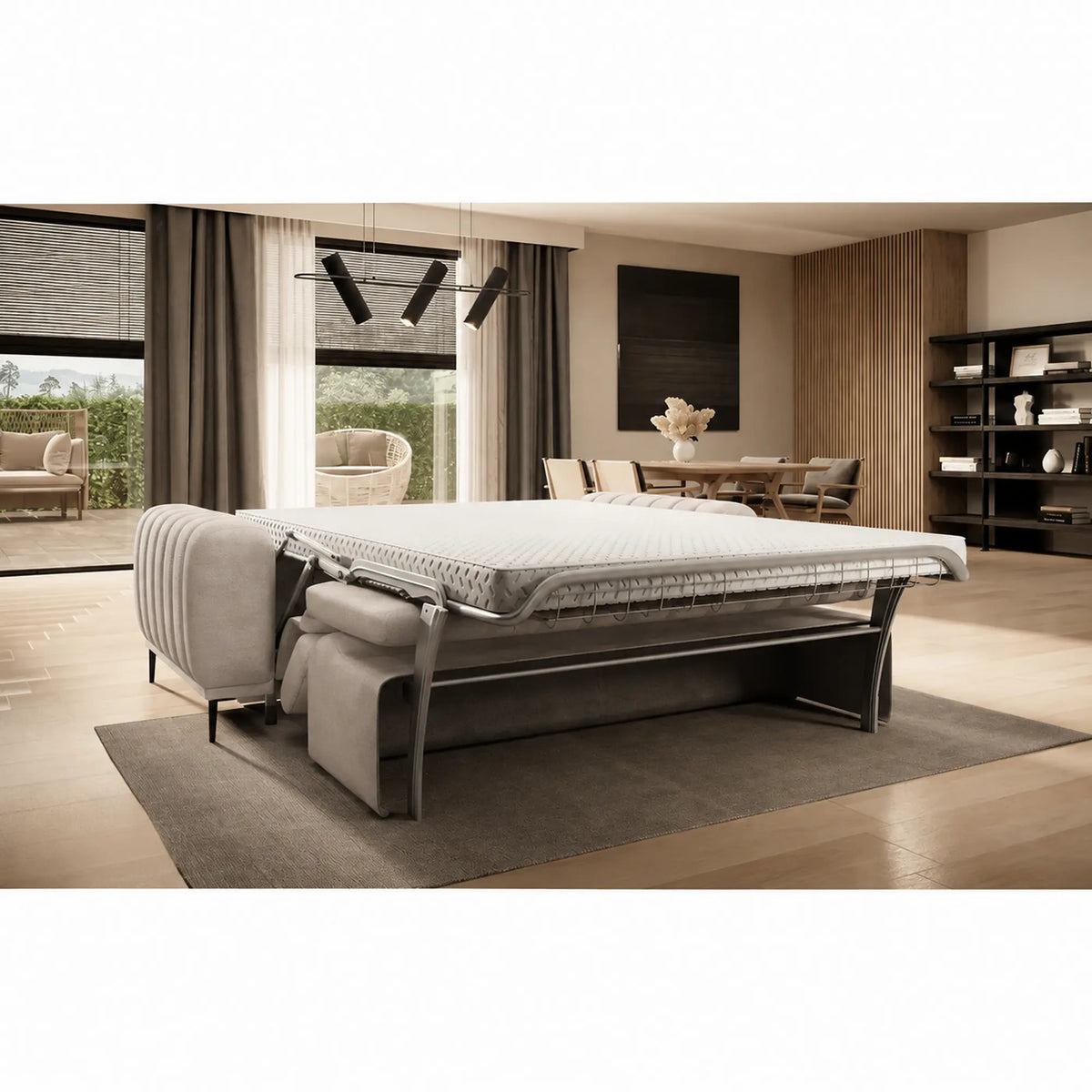 Canapea extensibila GANDI 160, stofa catifelata bej - Element 17, cu tetiere reglabile, 227x102x95 cm