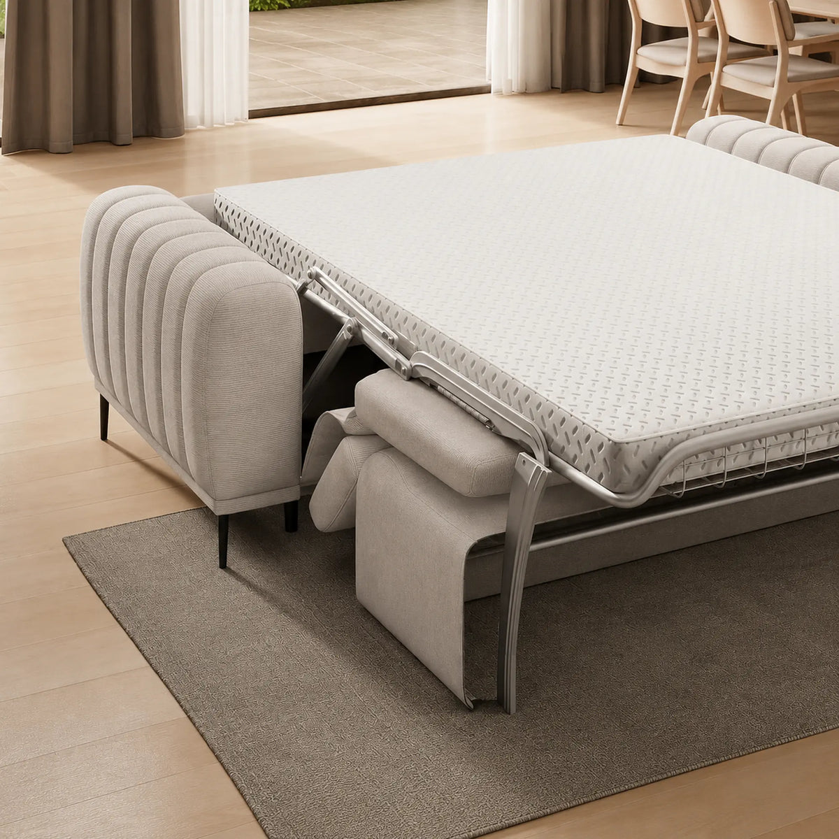Canapea extensibila GANDI 160, stofa catifelata bej - Element 17, cu tetiere reglabile, 227x102x95 cm