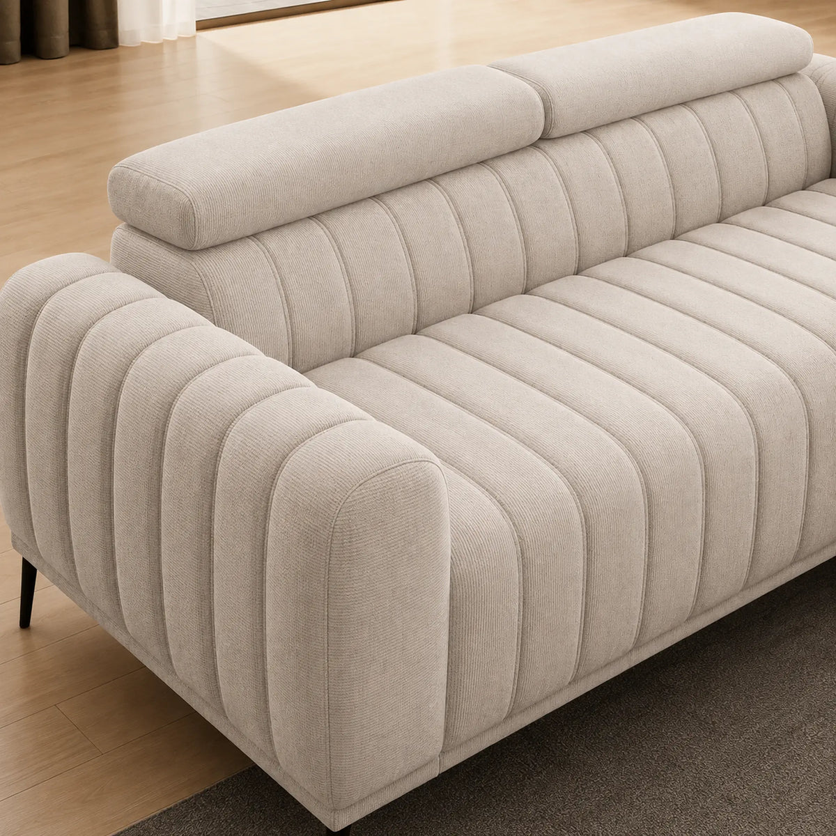 Canapea extensibila GANDI 160, stofa catifelata bej - Element 17, cu tetiere reglabile, 227x102x95 cm
