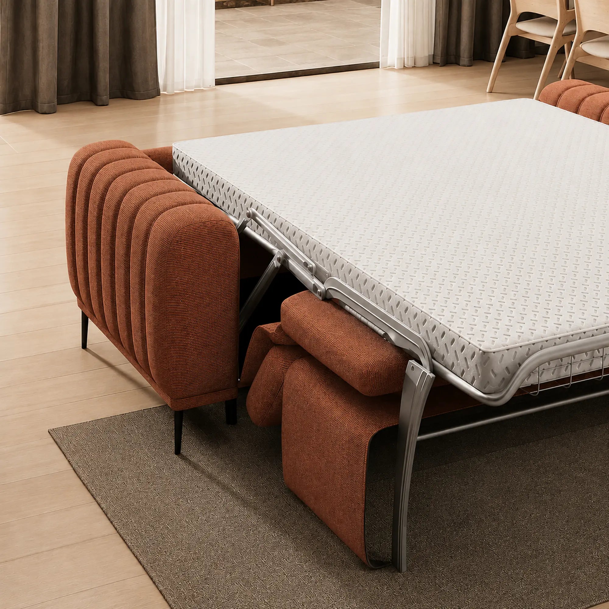 Canapea extensibila GANDI 160, stofa catifelata caramiziu - Salvador 07, cu tetiere reglabile, 227x102x95 cm