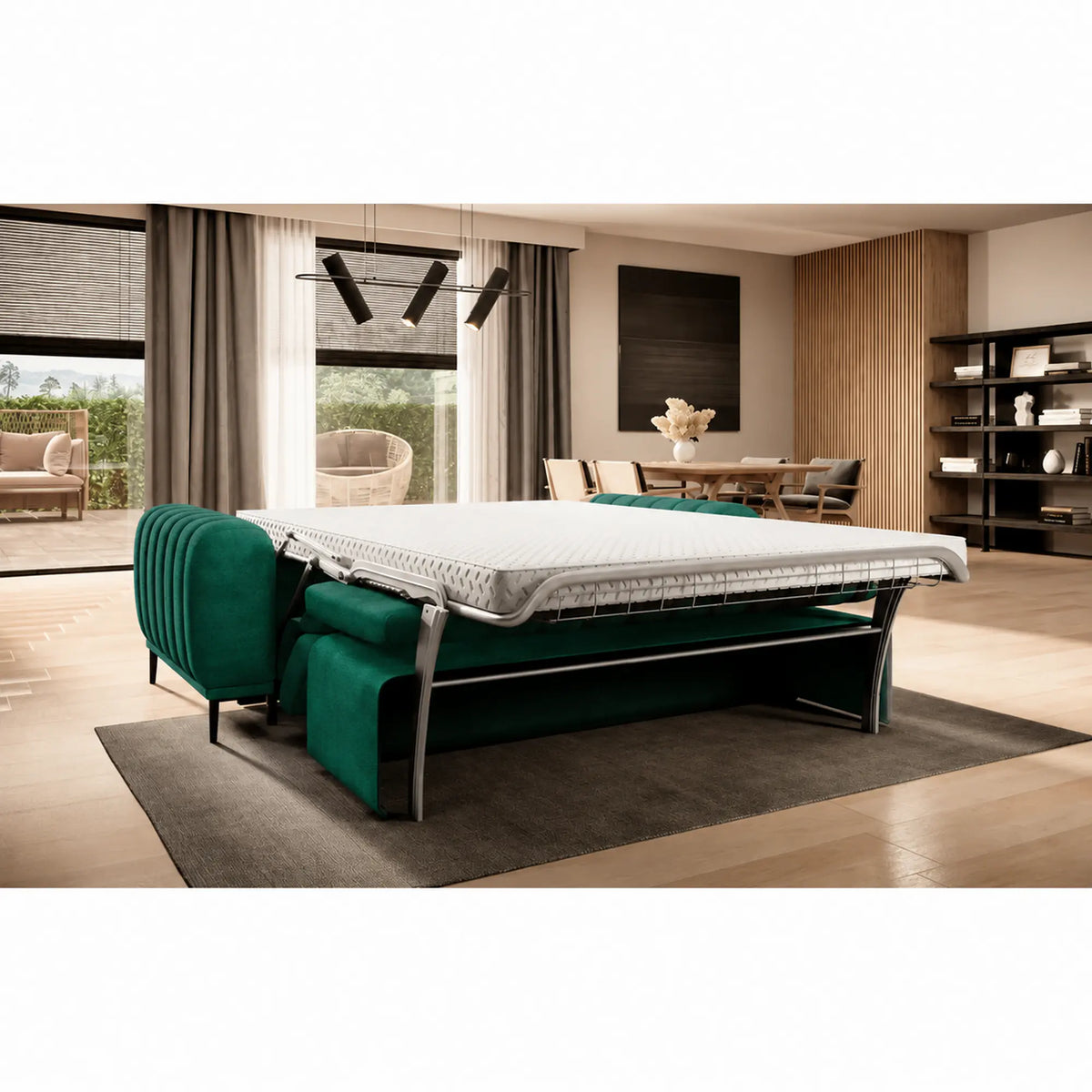 Canapea extensibila GANDI 160, stofa catifelata verde - Element 20, cu tetiere reglabile, 227x102x95 cm