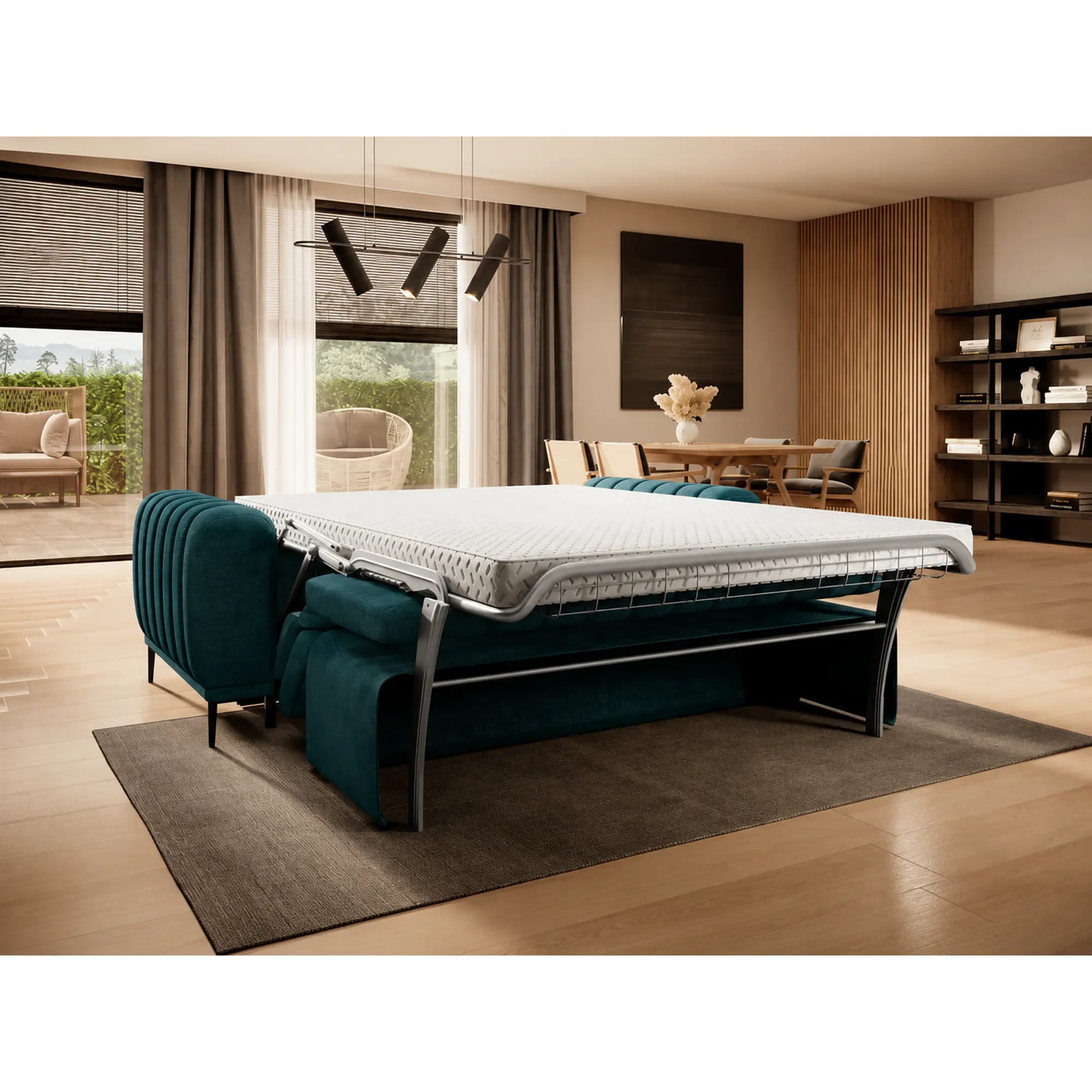 Canapea extensibila GANDI 160, stofa clasica turcoaz - Austin 14, cu tetiere reglabila, 227x102x95 cm