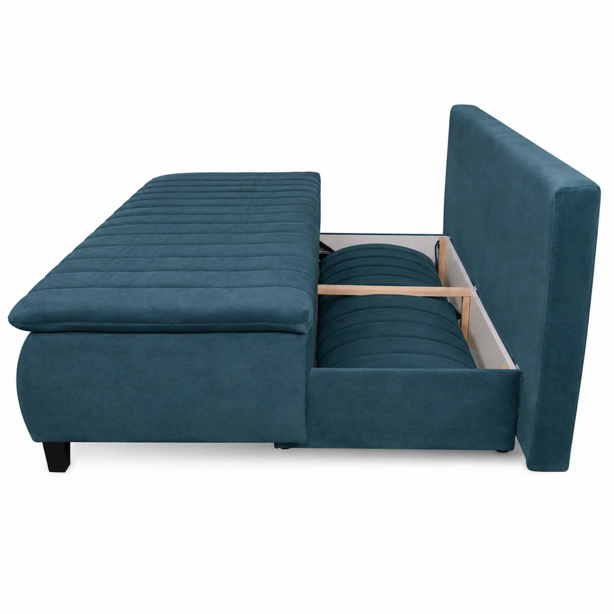 Canapea extensibila HARRY, stofa catifelata albastru azur - Element 14, lada depozitare, 208x102x96 cm