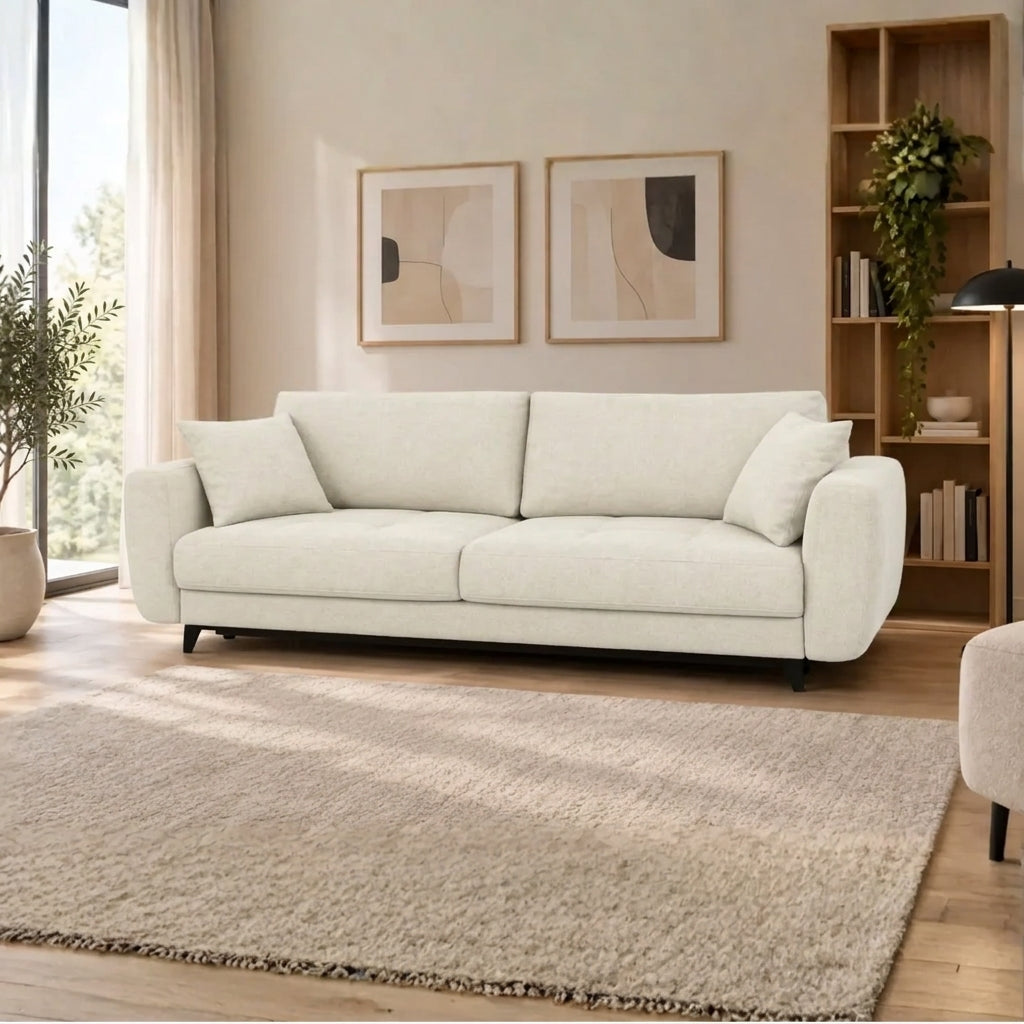 Canapea extensibila KARISA, stofa catifelata crem - Monolith 02, cu lada depozitare, 241x113x91 cm