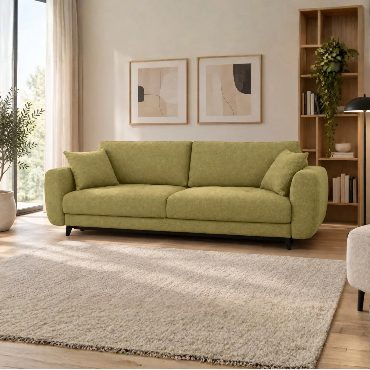 Canapea extensibila KARISA, stofa catifelata verde olive - Salvador 08, Stofa de Lux, cu lada depozitare, 241x113x91 cm
