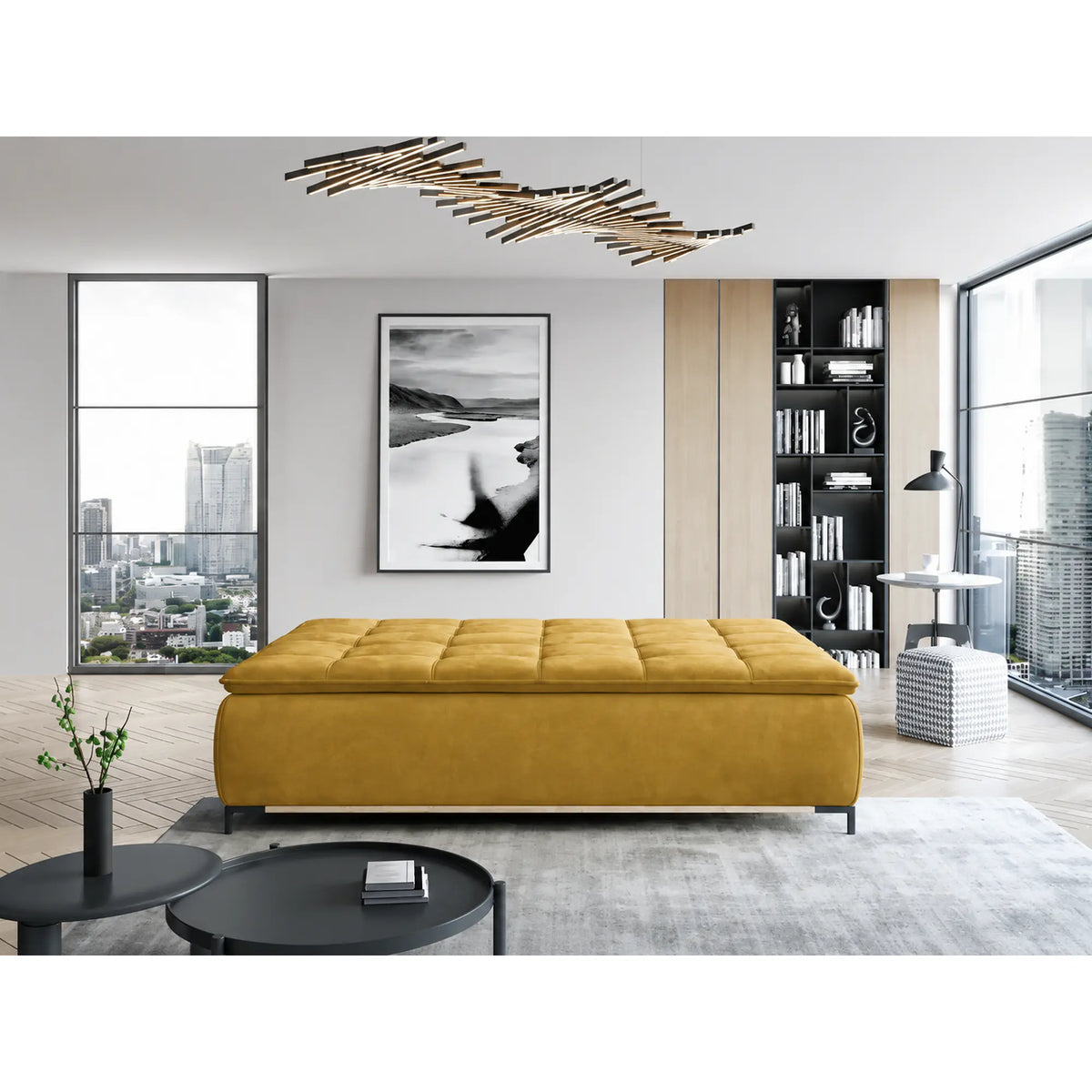 Canapea extensibila SWEET, stofa catifelata galben - Riviera 41, cu lada depozitare, 204x106x91 cm