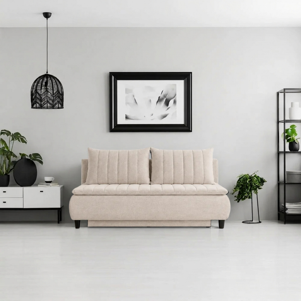 Canapea extensibila cu lada 3 locuri HARRY, stofa catifelata bej - Element 17, 208x102x96 cm