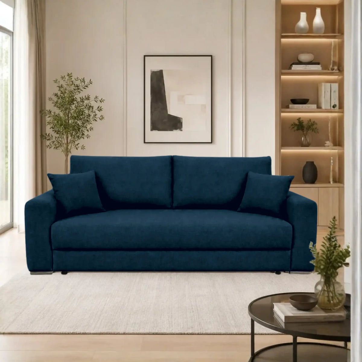 Canapea extensibila GENF, stofa catifelata albastru inchis - Element 13, cu lada depozitare, 247x103x90 cm