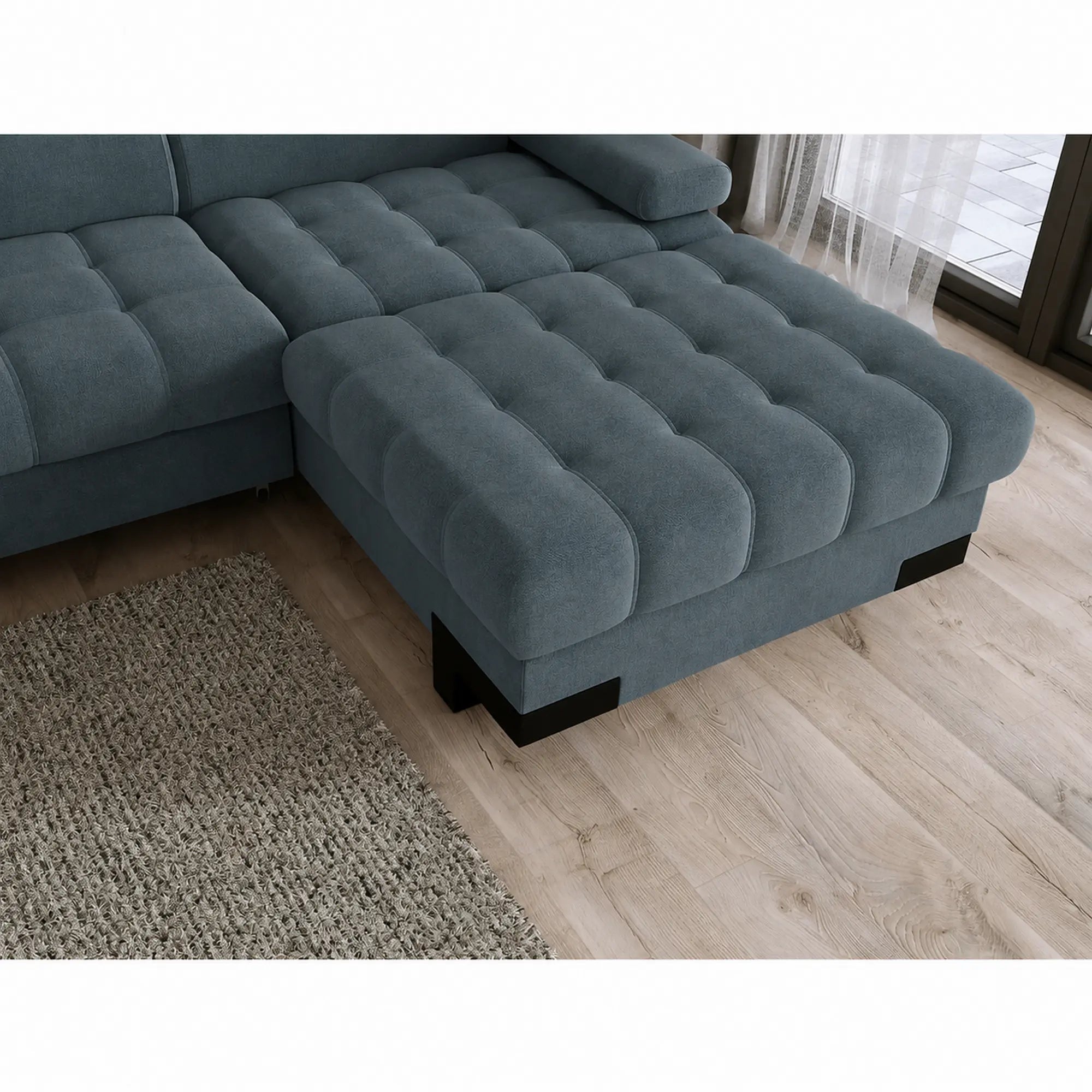Coltar extensibil SELVA MINI, sezlong dreapta, stofa catifelata turcoaz inchis - Riviera 87, cu lada depozitare si tetiere reglabile, 270x173x95 cm