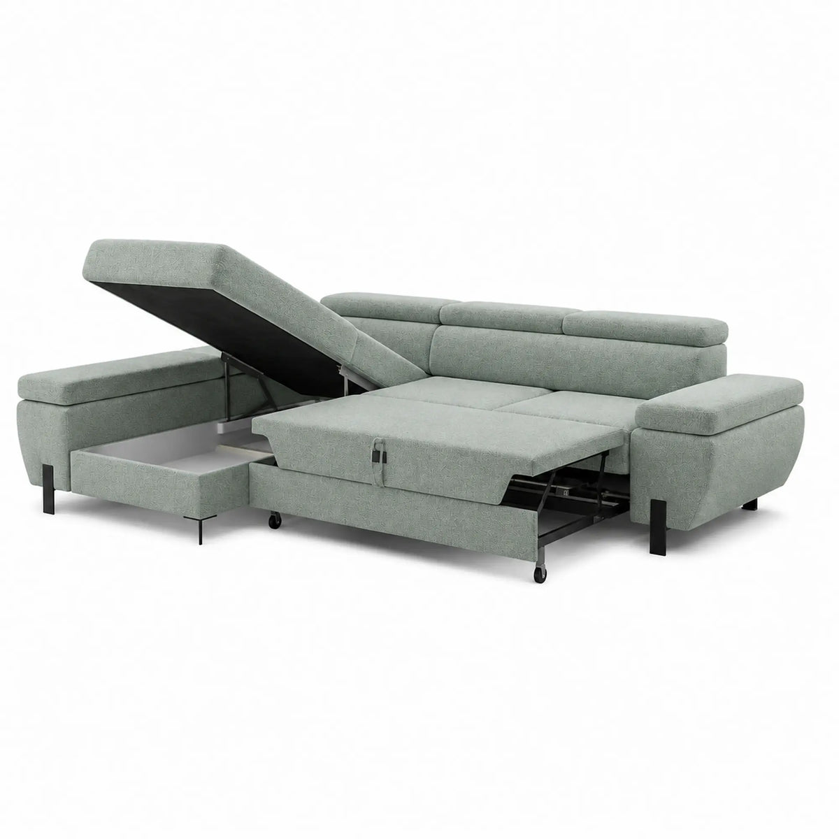 Coltar extensibil MOLINA MINI, sezlong stanga, stofa catifelata verde menta - Salvador 12, cu lada depozitare si tetiere reglabile, 277x189x90 cm