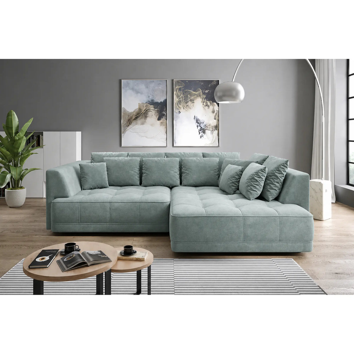 Coltar de living TIGA, sezlong dreapta, stofa catifelata verde menta - Salvador 12, cu reglaj electric, 286x207x77 cm