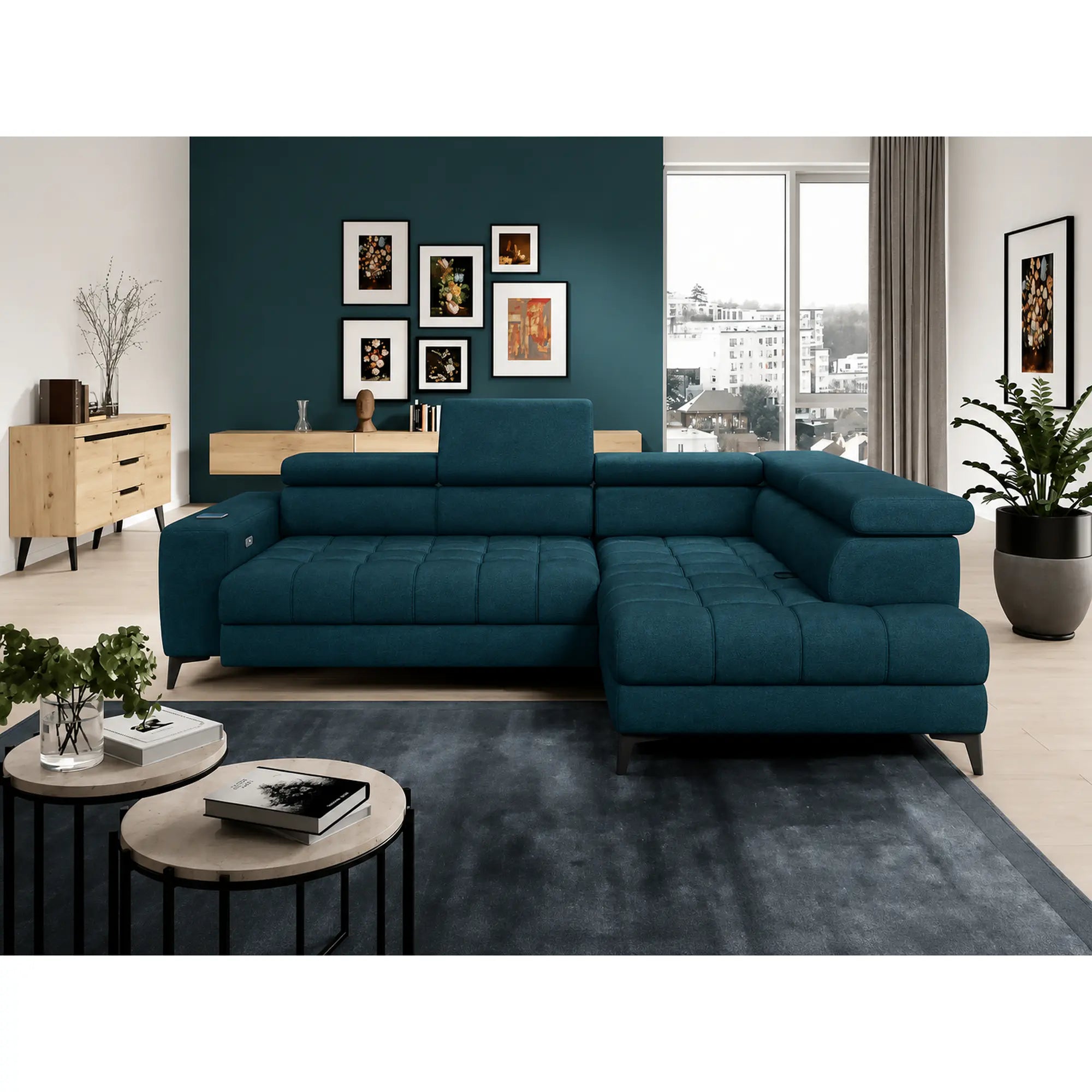Coltar BAGGIO, sezlong dreapta, stofa catifelata albastru - Salvador 11, cu reglaj electric, incarcator wireless, lada depozitare si tetiere reglabile, 280x196x100 cm