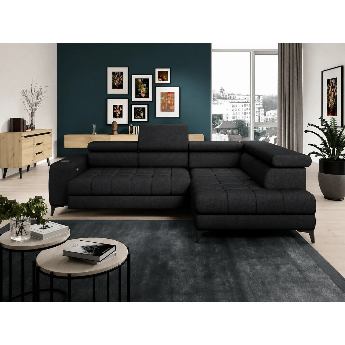 Coltar BAGGIO, sezlong dreapta, stofa catifelata gri grafit - Palladium 19, cu reglaj electric, incarcator wireless, lada depozitare si tetiere reglabile, 280x196x100 cm