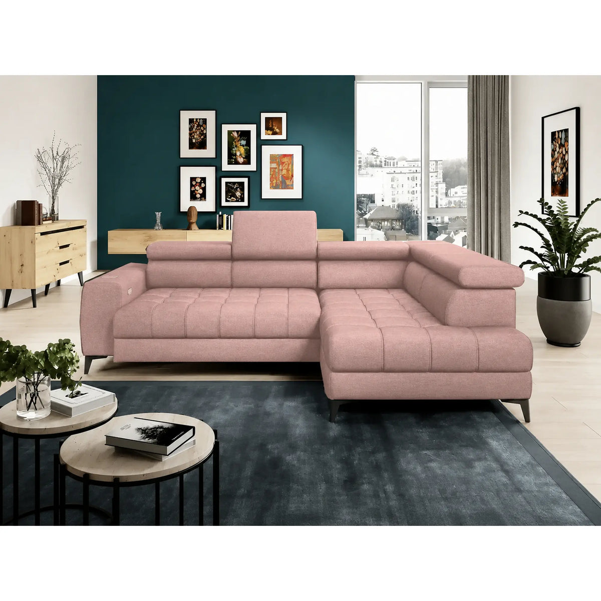 Coltar BAGGIO, sezlong dreapta, stofa catifelata roz - Element 18, cu reglaj electric, incarcator wireless, lada depozitare si tetiere reglabile, 280x196x100 cm