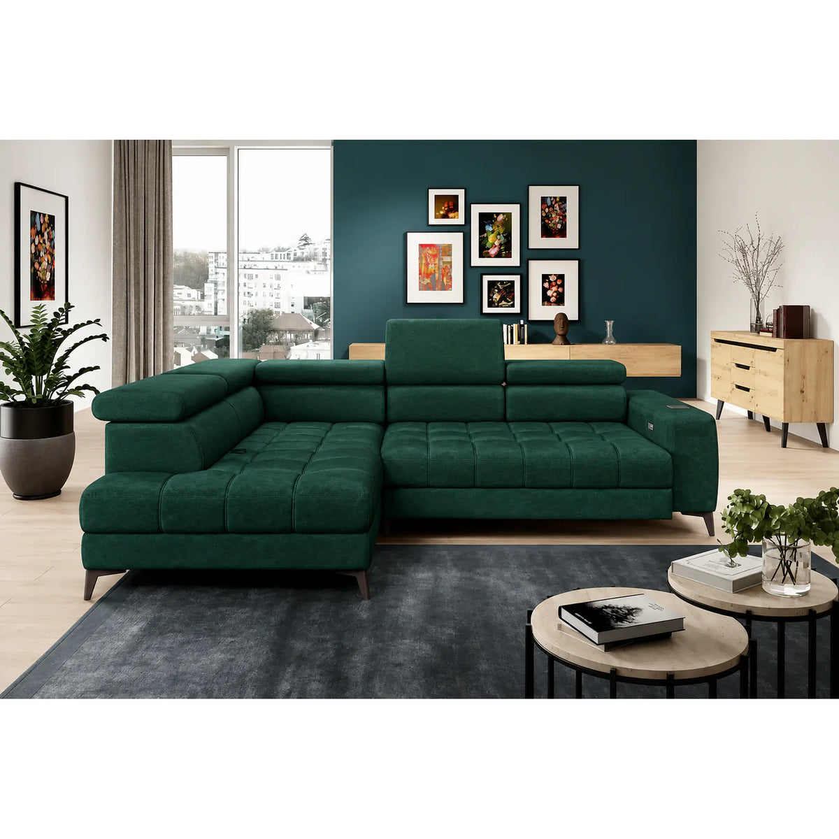 Coltar BAGGIO, sezlong stanga, stofa catifelata verde - Riviera 38, cu reglaj electric, incarcator wireless, lada depozitare si tetiere reglabile, 280x196x100 cm