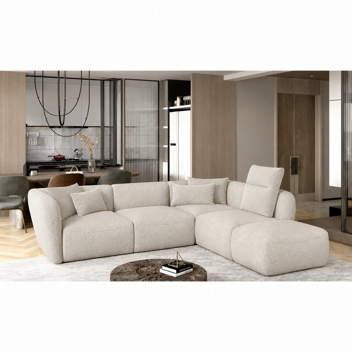 Coltar CANDELO L A, sezlong dreapta, stofa catifelata crem - Salvador 1, 280x218x75 cm