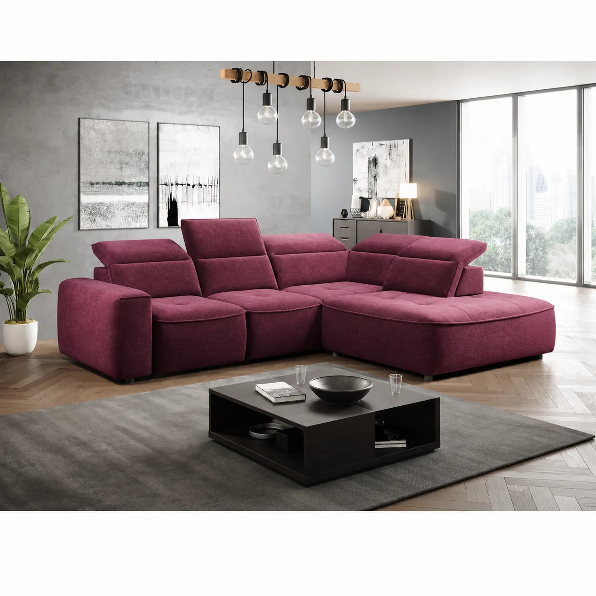 Coltar COLOMBO L, sezlong dreapta, stofa catifelata rosu bordo - Crown 06, Gama Premium, cu reglaj electric, tetiere reglabile si lada depozitare, 296x227x103 cm