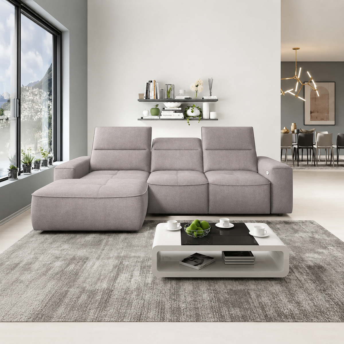 Coltar COLOMBO MINI, sezlong stanga, stofa catifelata bej - Whisper 03, cu reglaj electric, tetiere reglabile si lada depozitare, 275x182x103 cm