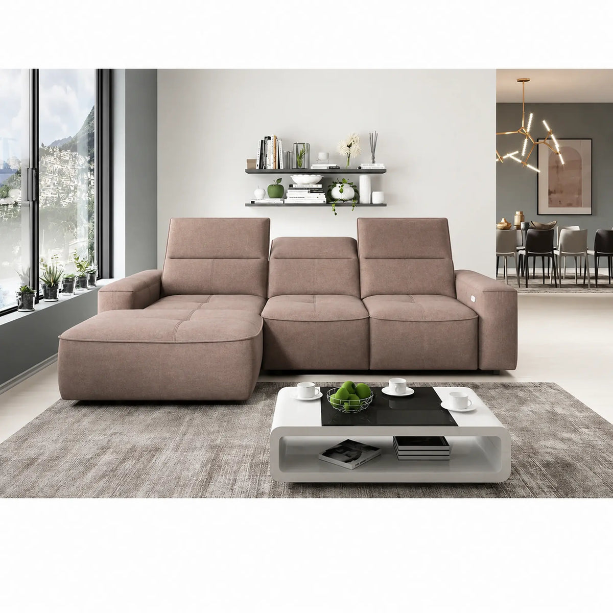 Coltar COLOMBO MINI, sezlong stanga, stofa catifelata maro deschis - Palladium 4, cu reglaj electric, tetiere reglabile si lada depozitare, 275x182x103 cm