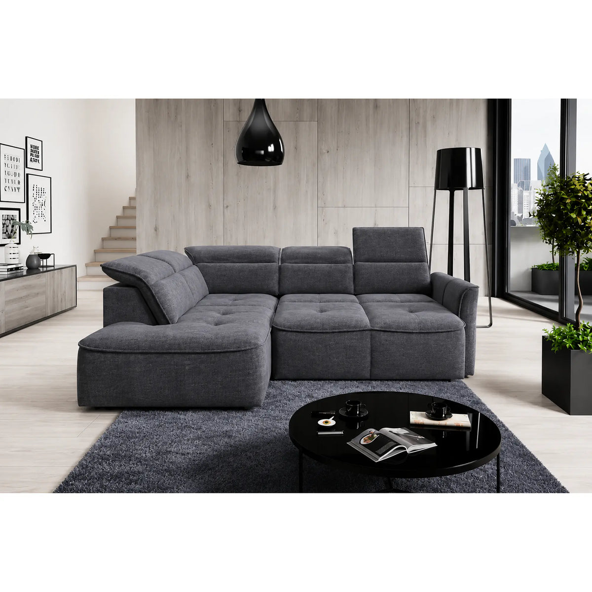 Coltar MURILLO L, sezlong stanga, stofa catifelata gri antracit - Whisper 18, cu reglaj electric, tetiere reglabile si lada depozitare, 261x218x100 cm