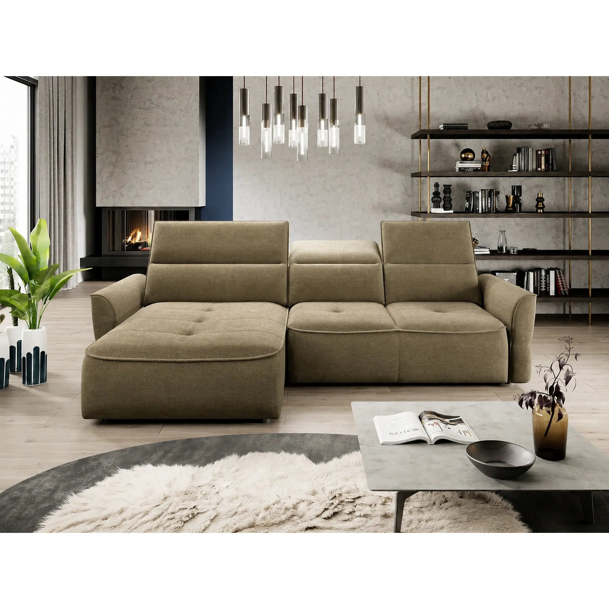 Coltar MURILLO MINI, sezlong stanga, stofa catifelata verde olive - Salvador 10, cu reglaj electric, tetiere reglabile si lada depozitare 260x175x87/100 cm