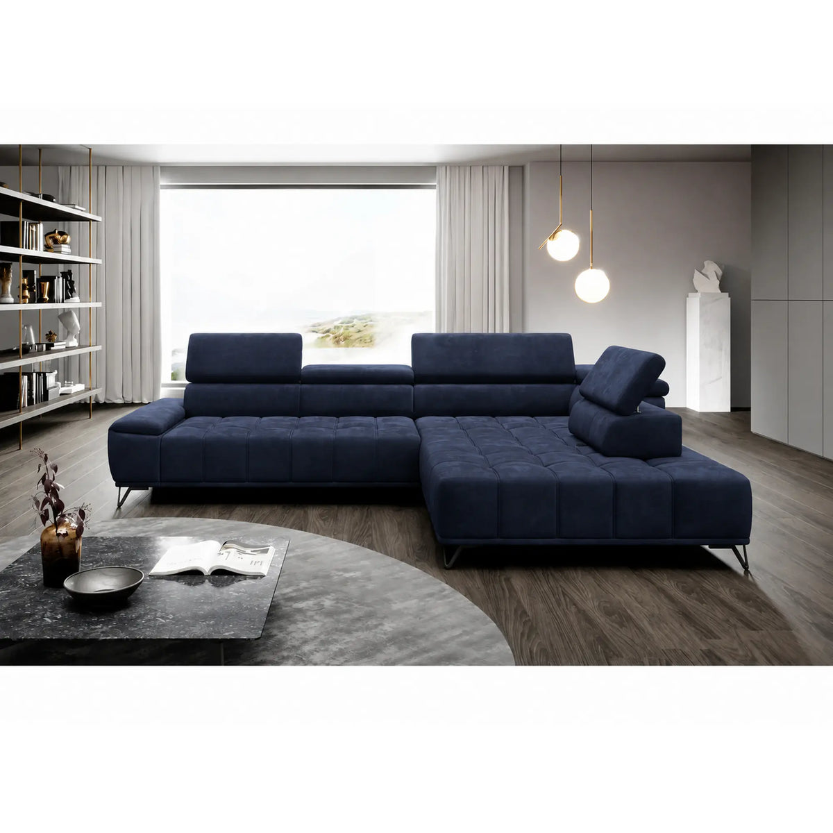 Coltar PALLADIO L, sezlong dreapta, stofa catifelata albastru inchis - Monolith 79, gama Oferta Avantaj, cu reglaj electric si tetiere reglabile, 320x220x99 cm