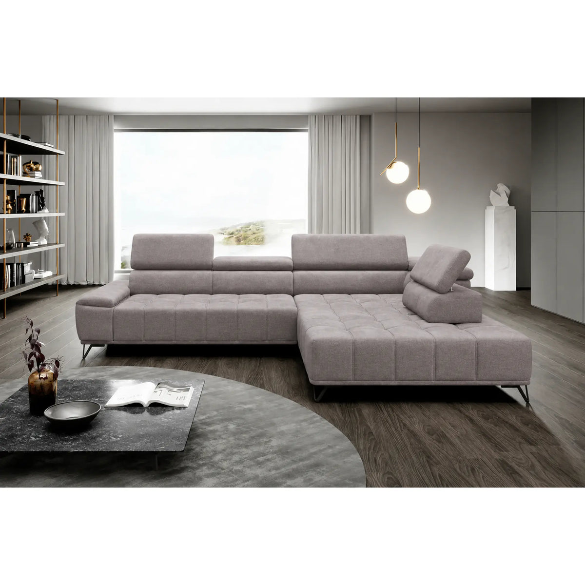 Coltar PALLADIO L, sezlong dreapta, stofa catifelata bej - Whisper 03, cu reglaj electric si tetiere reglabile, 320x220x99 cm