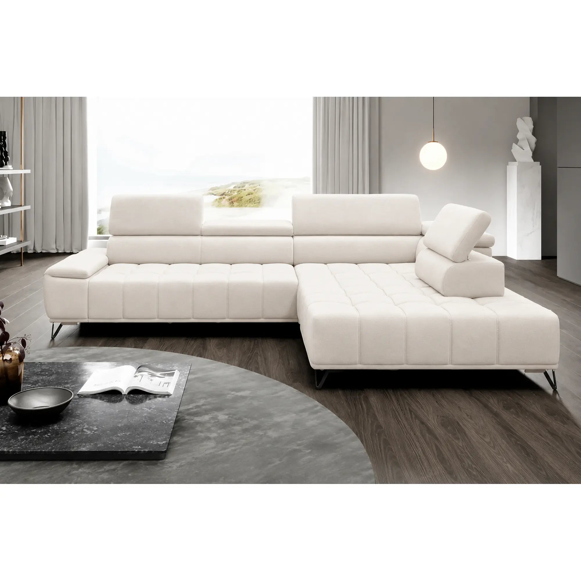 Coltar PALLADIO L, sezlong dreapta, stofa catifelata crem - Salvador 01, cu reglaj electric si tetiere reglabile, 320x220x99 cm